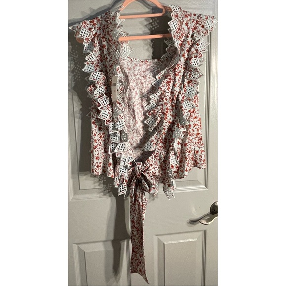 Anthropologie Trina Bow Blouse Light Blue and Red Floral Motif NWT Sz XL - Picture 8 of 11